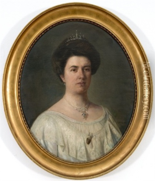Portraet Af Janet Nettie Kirch Ifort Brudekjole Og Med Smykker Fra Cartier Oil Painting - Otto Haslund