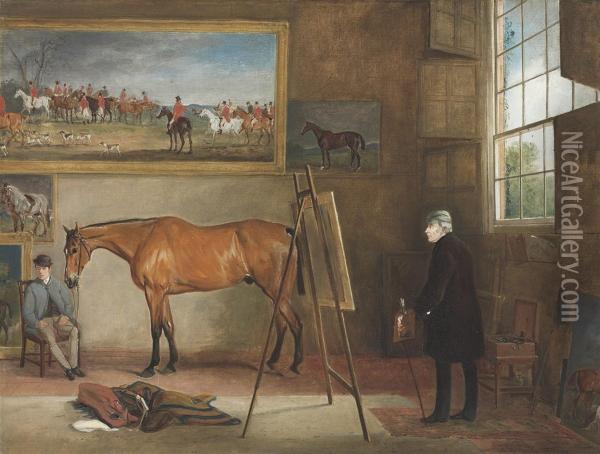 John Ferneley Senior In His Studio At Elgin Lodge,melton Mowbray Oil Painting - Claude L. Ferneley