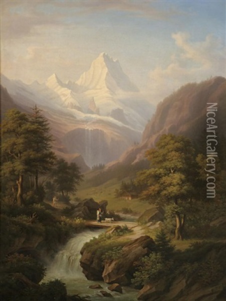Jungfraumassiv Mit Wasserfall Oil Painting - Anton Winterlin