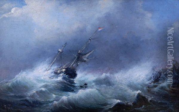 Schip In Nood Op Woeste Zee Oil Painting - Johannes Koekkoek