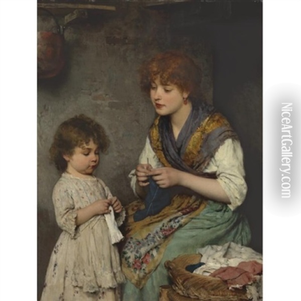 The Knitting Lesson Oil Painting - Eugen von Blaas