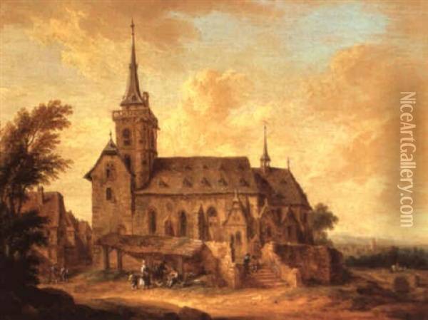 A Church On The Outskirts Of A Town Oil Painting - Christian Georg Schuetz the Younger