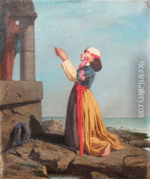 Young Maiden Of Eastern European Descent Praying Before A Madonna And Child With Ocean Waves In The Background Oil Painting - Ernest Moore