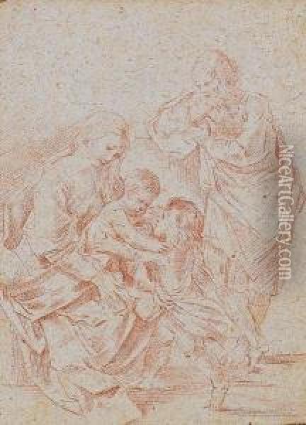The Holy Family With Saint John The Baptist 
Inscribed 'simone Da Pesaro' Oil Painting - Simone Cantarini Il Pesarese