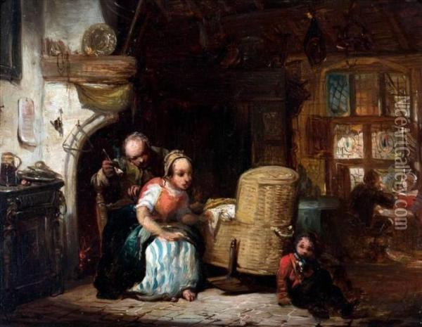 Boerenfamilie In Binnenhuis Oil Painting - Johannes Anthonie Balthasar Stroebel