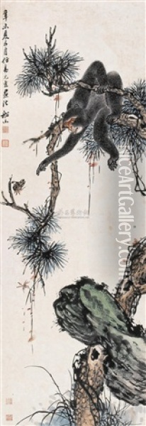 Pine And Monkey Oil Painting -  Zhang Wentao