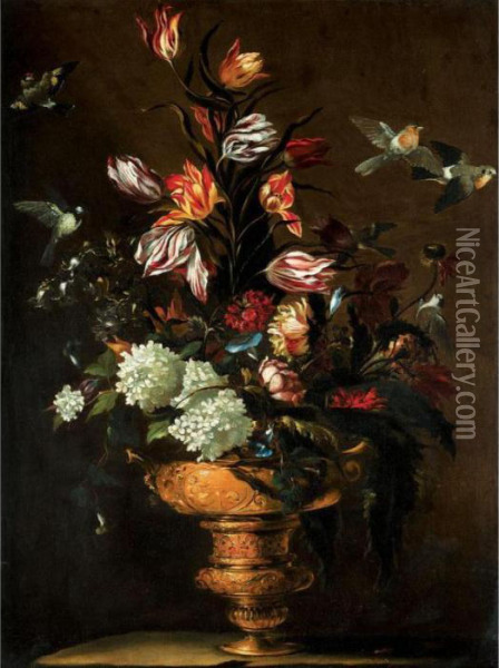 Still Life With Tulips, Morning 
Glory, Roses, And Various Other Flowers In A Bronze Urn Together With A 
Bluetit, A Bullfinch, Robins And Other Birds Oil Painting - Mario Nuzzi Mario Dei Fiori