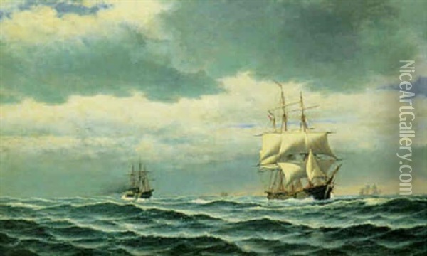 Marine Med Sejlskibe Og Hjuldampere Oil Painting - August J.P. Bohnhorst