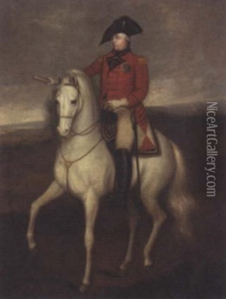 Equestrian Portrait Of King George Iii In Military Uniform, Wearing The Order Of The Garter, A Parade Of His Troops Beyond Oil Painting - Sir William Beechey