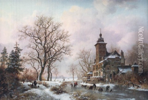 Winter Landscape With Skating Figures Oil Painting - Frederik Marinus Kruseman