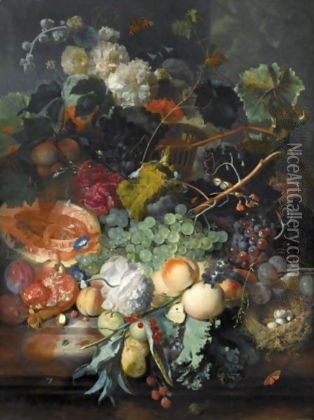 Still Life Of Fruit Upon A Marble Ledge, A Bird's Nest To The Right And A Basket Of Flowers Above, Insects Throughout Oil Painting - Jan Van Huysum