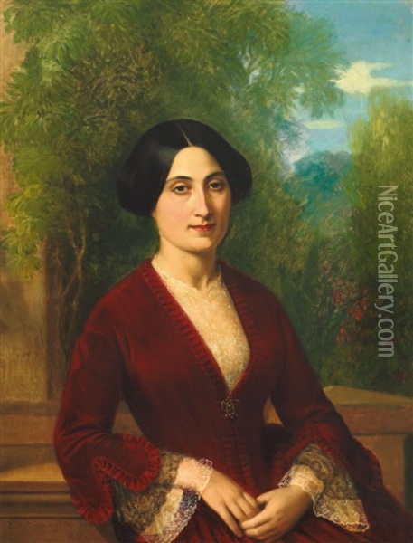 Halbfigurliches Portrait Einer Jungen Frau Vor Parkhintergrund Oil Painting - Edward Villiers Rippingille