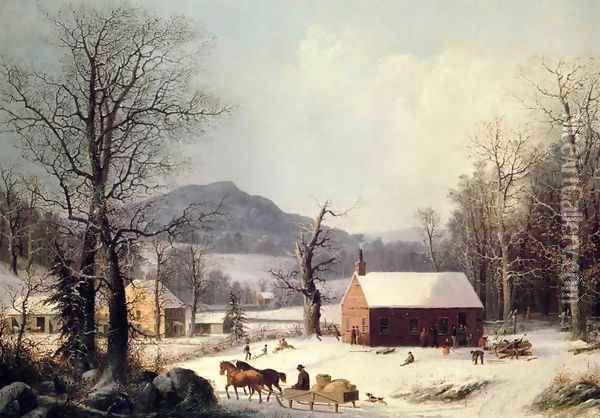 Red School House, Winter Oil Painting - George Henry Durrie