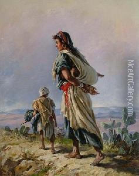 Desert Landscape With Mother And Children In The Foreground Oil Painting - Antonio, Cavaliero Scognamiglio
