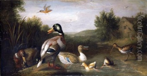 A River Landscape With Fowl Before A Cottage, A Church In The Distance Beyond Oil Painting - Jakob Bogdani