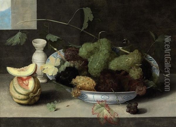 A Kraak Porcelain Bowl Of Grapes, With A Cut Melon And A Stoneware Vase On A Stone Ledge, A Window Beyond Oil Painting - Pieter Binoit