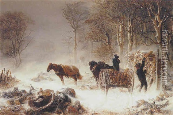 Logging In A Winter Landscape Oil Painting - Hermann Kauffmann the Elder