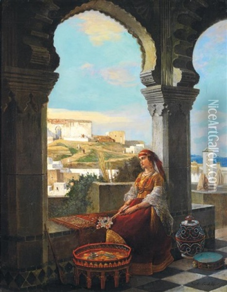 Jeune Marocaine Pensive Sur La Terrasse Oil Painting - Victor Eeckhout