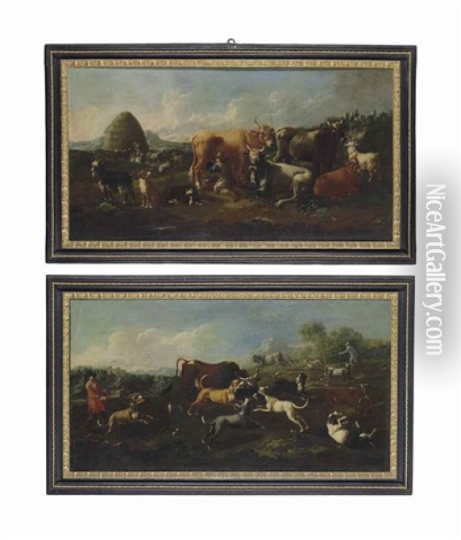 A Herdsman With His Cattle, Milking A Cow In A Landscape; And A Pack Of Dogs Baiting A Bull In A Landscape (pair) Oil Painting - Jacob (Rosa di Napoli) Roos