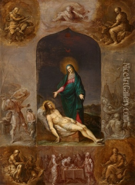 Pieta Surrounded By Grisailles Of The Four Evangelists And Scenes From The Old Testament Oil Painting - Frans Francken the Younger