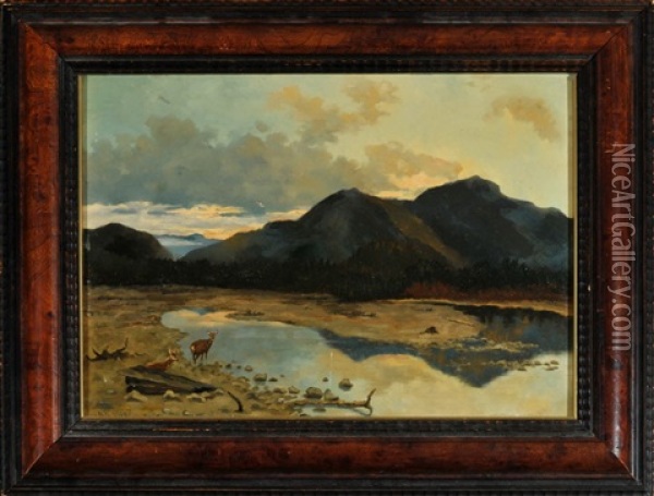 Rehe Am See Im Gebirge Bei Abendstimmung Oil Painting - Heinrich Richard Reder