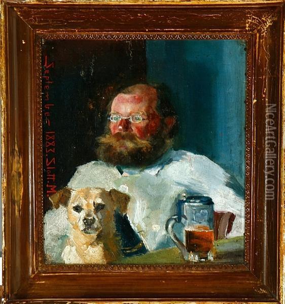 An Elderly Gentleman Is Drinking Beer With His Dog Oil Painting - Harald Slott-Moller