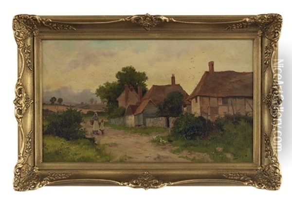 Mother And Child Walking On Path Near Cottages Oil Painting - William Henderson