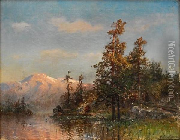 Skogslandskap Med Innsjo 1888 Oil Painting - Morten Muller