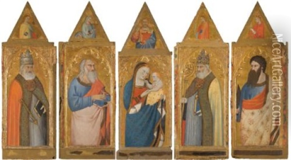 The Madonna And Child Flanked By An Evangelist, Probably John, And Saints Peter, Gregory And Bartholomew (collab W/workshop)(polyptych) Oil Painting - Giovanni del Biondo