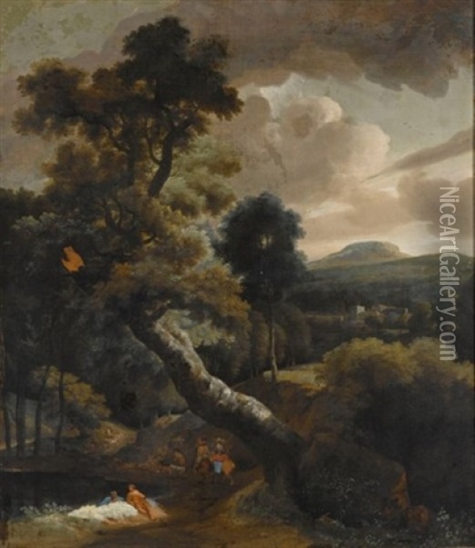 A Wooded River Landscape With Several Men Bathing, Travellers On A Path To The Left, A Fisherman In A Boat In The Foreground, A View Of A Town Beyond Oil Painting - Jan Looten