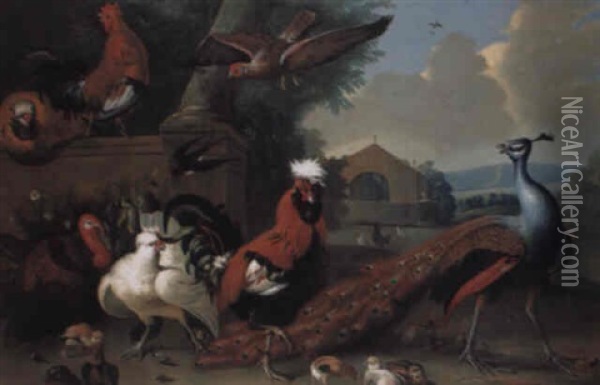 Cockerels, Hens And Chicks, A Peacock And Other Birds In A Landscape Oil Painting - Melchior de Hondecoeter