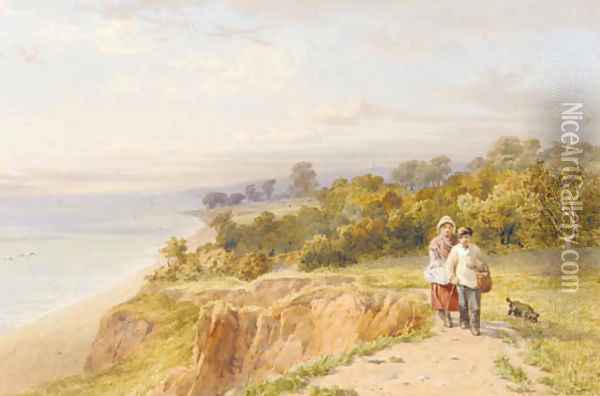 Two children with a dog, on a coastal path, Devon Oil Painting - John Henry Mole