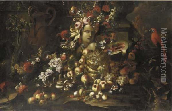 A Marble Bust Surrounded By 
Roses, Carnations, Morning Glory Andother Flowers, A Sliced Watermelon, 
Mushrooms, Grapes, Peaches,figs, Pears And Other Fruit With Urns And A 
Parrot In An Italianatelandscape Oil Painting - Giovanni Paolo Castelli Spadino