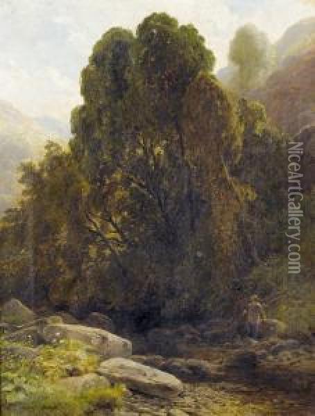 Sonnige Landschaftspartie Mit Angler An Bach. Oil Painting - James Jackson Curnock
