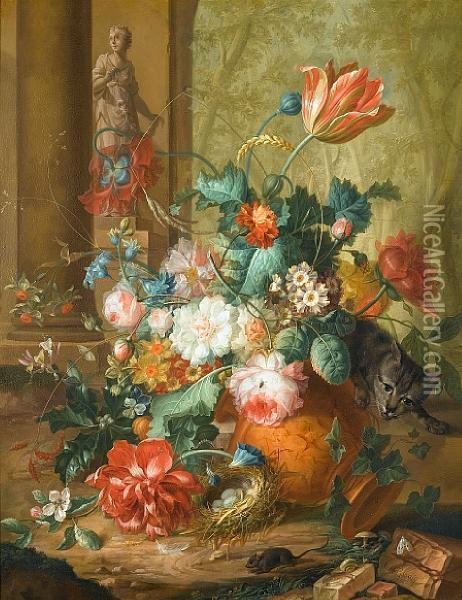 Tulips, Roses And Other Flowers In A Classical Urn Overturned By A Cat Chasing A Mouse With A Statue Of Flora Beyond Oil Painting - Johan Christian Roedig