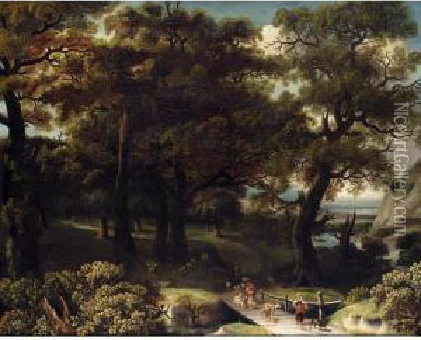 A Wooded Landscape With Drovers And Animals Crossing A Bridge Oil Painting - Jan Looten