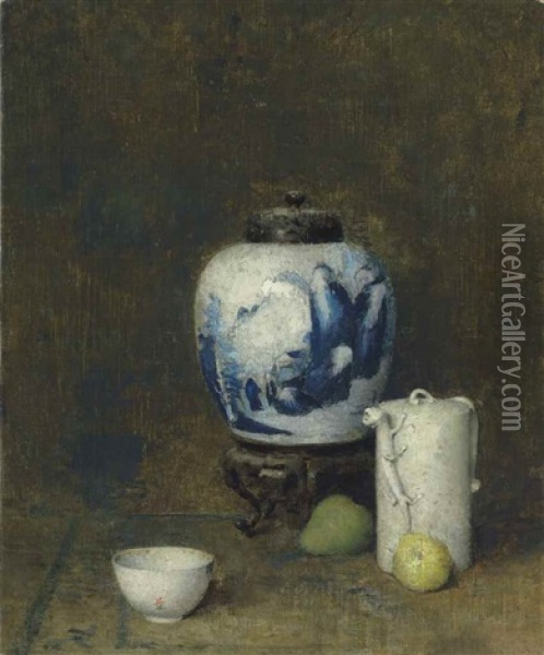 Still Life With Blue Vase Oil Painting - Emil Carlsen