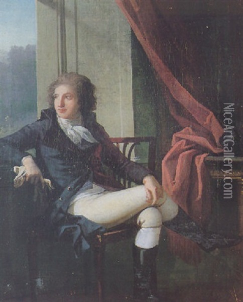 Portrait D'un Jeune Homme Assis Dans Un Interieur, Accoude A La Fenetre Oil Painting - Henri-Pierre Danloux