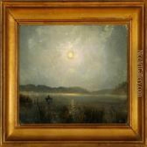 Overlooking A Lake In Moonlight Oil Painting - Vilhelm Peter C. Kyhn