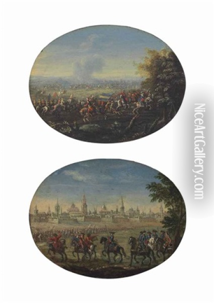 Cavalry And Infantry Outside Of A City; Cavalry And Infantry On The Battlefield (pair) Oil Painting - Karel Breydel