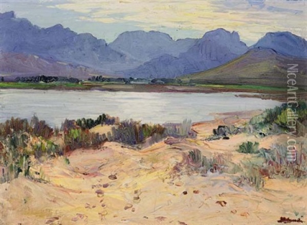 Brandvlei Dam With Slanghoek Mountains In The Distance Oil Painting - Pieter Hugo Naude