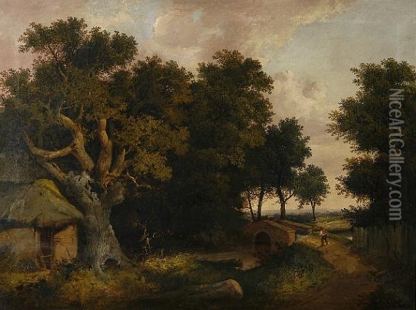 A Wooded Landscape With A Figure By A Bridge Oil Painting - Edward Littlewood