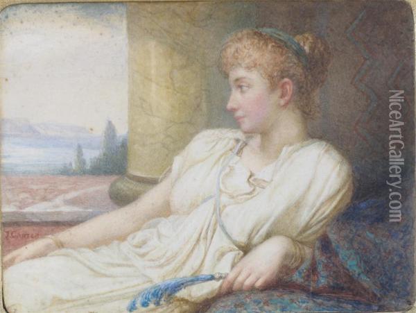 A Classical Beauty Reclining On A Terrace Oil Painting - J.B. Carter