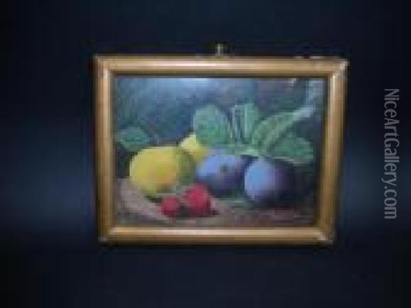 Still Life Of Fruit Oil On Board Signed Lower Right 12cm X 15.5cm Oil Painting - Oliver Clare