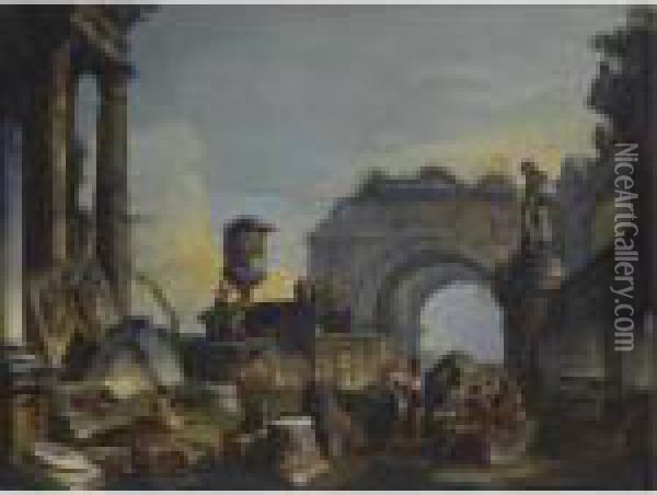 An Architectural Capriccio With Figures Amongst Ancient Ruins Oil Painting - Giovanni Niccolo Servandoni