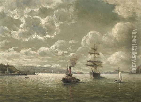 Red Stack Tug And Clipper Ship In The Golden Gate Oil Painting - William Alexander Coulter