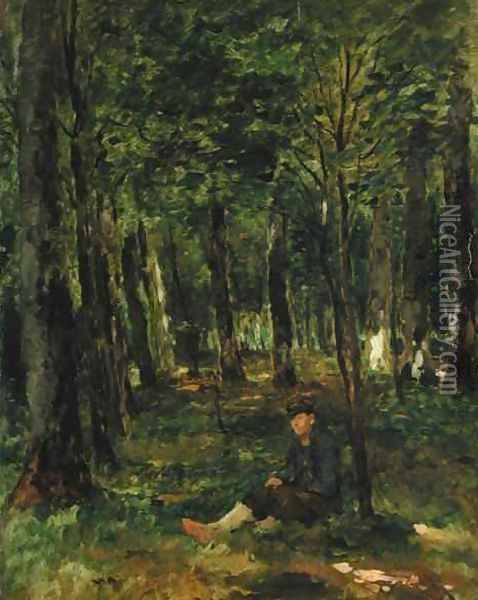 Young Farmer sitting in the Forest Oil Painting - Thomas Ludwig Herbst