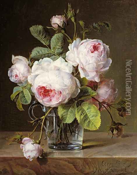 Roses in a Glass Vase on a Ledge Oil Painting - Cornelis van Spaendonck