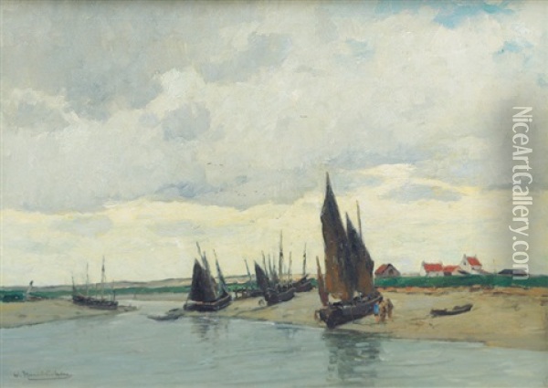 Fishing Boats At Low Tide Oil Painting - Wilhelm Hambuechen