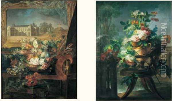 Nature Morte Au Vase De Fleurs Sur Un Entablement Oil Painting - Miguel Parra Y Soler